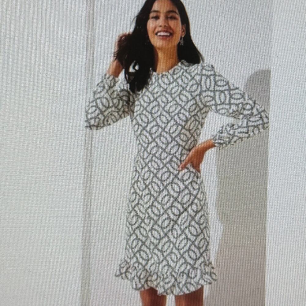 NWT Loft Ruffle  White Black Floral Long Sleeve Ruffle Hem Dress Size 10
